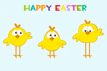 Fotobehang Funny yellow chickens in different shapes. Happy easter. © babysofja