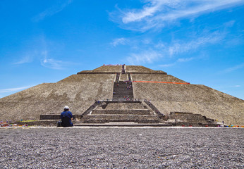 View of the ancient Aztec city ruins of the pyramids of Teotihuacan close to Mexico City with the...