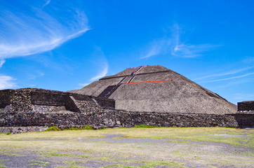 View of the ancient Aztec city ruins of the pyramids of Teotihuacan close to Mexico City with the...