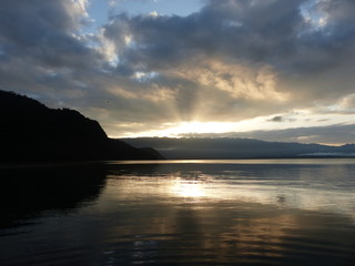 Sunset over lake in Chiapas