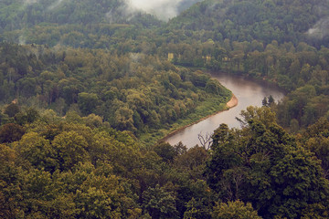 Naklejka premium Aerial view on the river Gauja and National park Gauja with pine forest from the main big tower of medieval Turaida Castle in cloudy, foggy and rainy day, Sigulda, Latvia. Soft focus