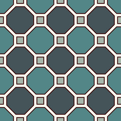 Repeated octagons stained glass mosaic background. Blue ceramic tiles. Seamless pattern with geometric ornament.