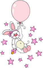 Cute baby girl bunny with pacifier and balloon flying on stars