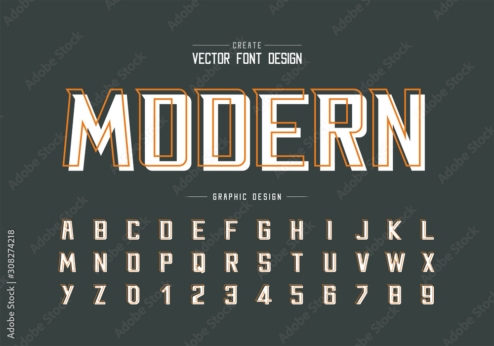 Poster line font with white shadow and alphabet vector, bold modern typeface and letter number design