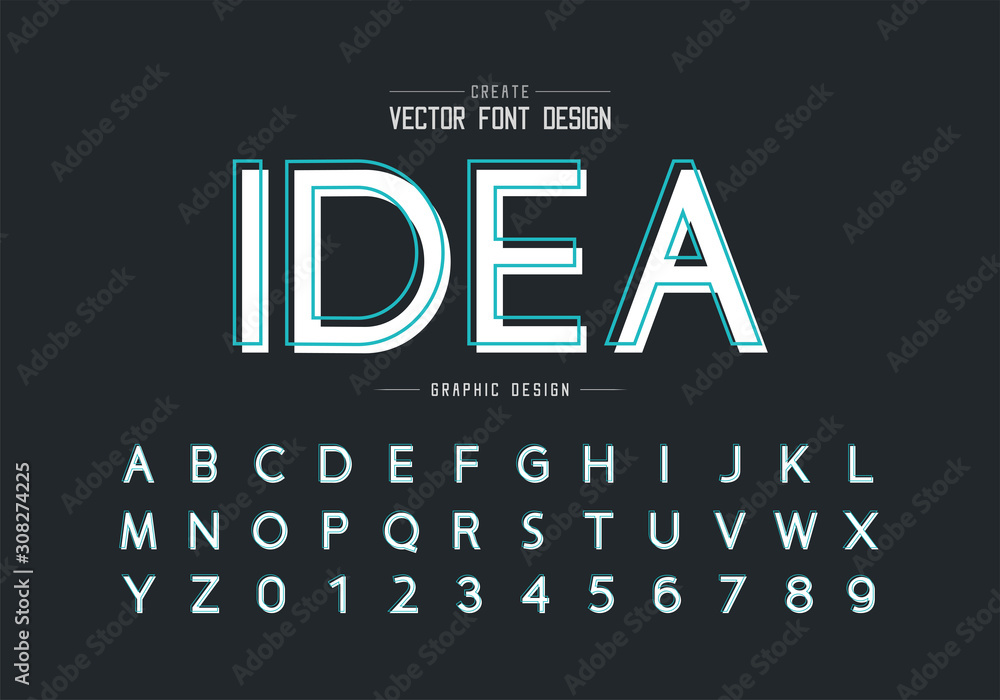 Poster line font with white shadow and alphabet vector, design typeface and number, graphic text on backgro