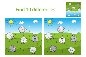 Funny sheep grazing in the meadow. Find 10 differences. Educational game for children.