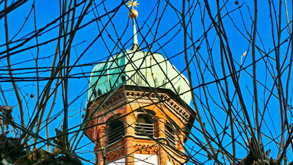 Kirchturm hinter zweigen, Kirchturm im Hintergrund