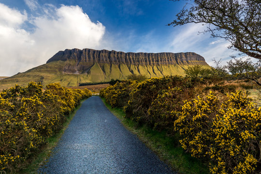Benbulben view with trails and blue sky