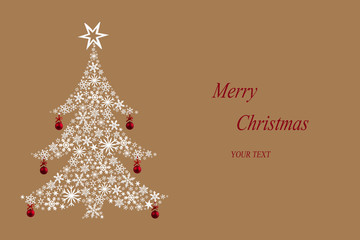 Christmas tree made of white stars and red hanging baubles on beige background. Christmas card.