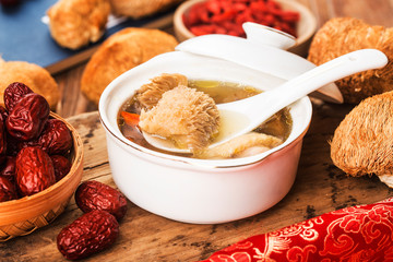 Stewed chicken soup with Hericium erinaceus，Chinese cuisine