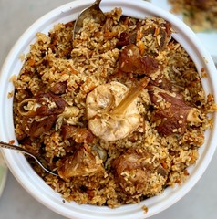 homemade pilaf with lamb. Top view. 