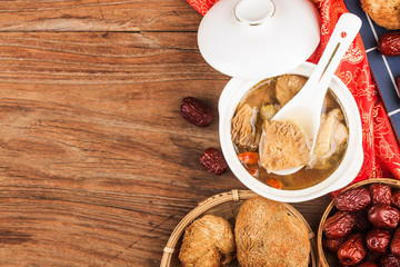 Stewed chicken soup with Hericium erinaceus，Chinese cuisine © dashu83