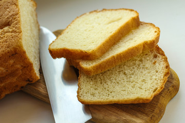 Composition with bread on cutting board, closeup. And space for text