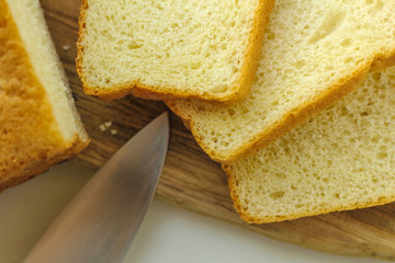 Composition with bread on cutting board, closeup. And space for text