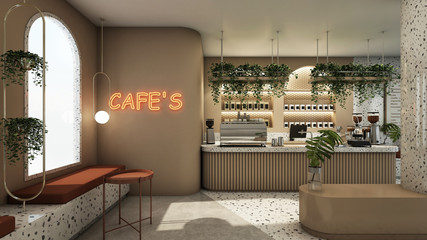 Cafe shop design Modern & Minimal Top Counter Granite stone,Brown counter,Gold metal light pendant, Red neon text cafe on wall,Granite seat,Floor concrete half Granite stone - 3D render
