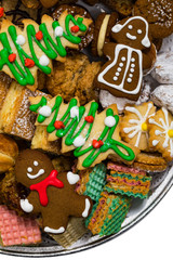 Christmas Cookies Background with Assorted Mixed Cookies Variety Flavors. Selective focus.