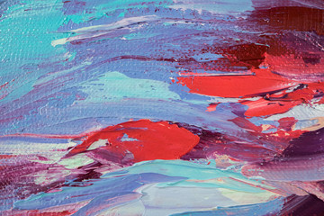 Fragment. Multicolored texture painting. Abstract art background. oil on canvas. Rough brushstrokes of paint. Closeup of a painting by oil and palette knife. Highly-textured, high quality details.