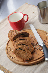 Composition with bread on cutting board, closeup. And space for text