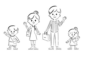 人物、１色、白黒、モノクロ、線画、ライフスタイル・生活、家族、ファミリー、ベクター素材、笑顔、微笑み