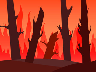 raging fire in the forest. fire hazard landscape. vector illustration