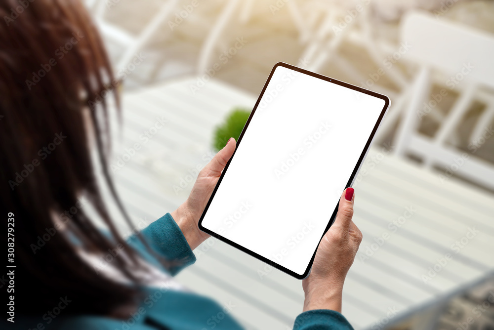 Aufkleber girl holding tablet with isolated screen for mockup, app or web site presentation. modern tablet wit