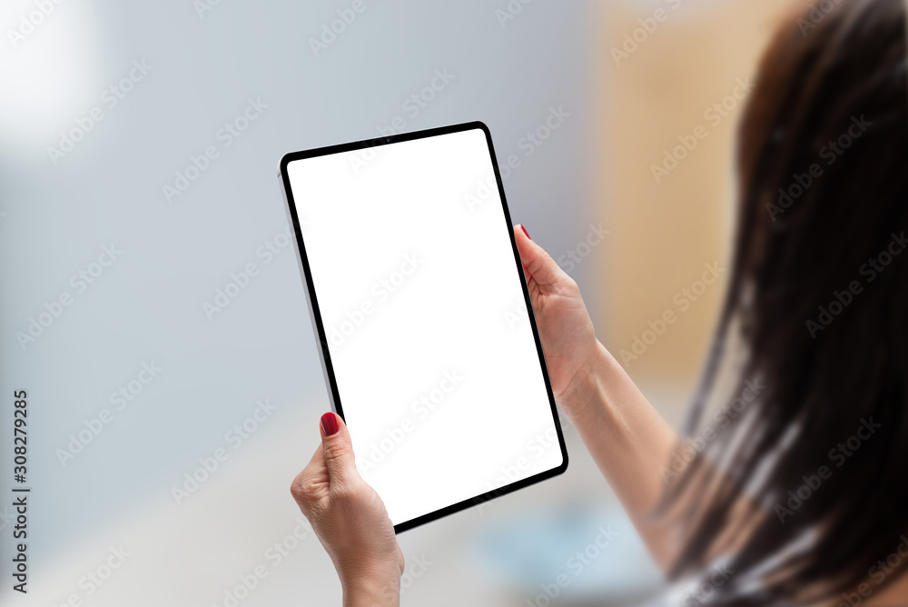 Poster woman holding tablet in vertical position with isolated screen for app or web site presentation. mod