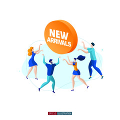 Trendy flat illustration. Customers around product promotion banner. New arrivals. Template for your design works. Vector illustration.