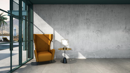 Livingroom modern & Minimal design,Yellow armchair,Top gold black metal side table,Gold table lamp,Green metal door windows,Concrete wall,Concrete floors,Take view sea at windows-3D render