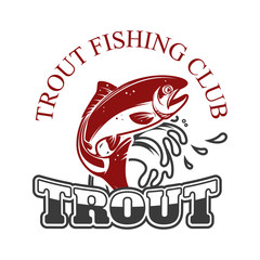 Trout fishing. Emblem template with trout fish. Design element for logo, label, sign, poster. Vector illustration