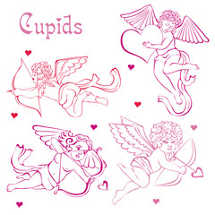 Silhouettes of pink cupid angels.  Valentine's Day