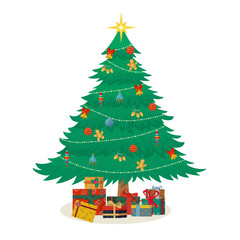 Christmas tree with decorations, garlands and star, and with gifts