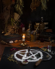 Magical pentogram of salt, a ritual of magic, spells, witchcraft. Attributes for the ritual