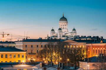 Helsinki, Finland. Night Evening View Of Helsinki Cathedral. Famous Landmark In Blue Hour