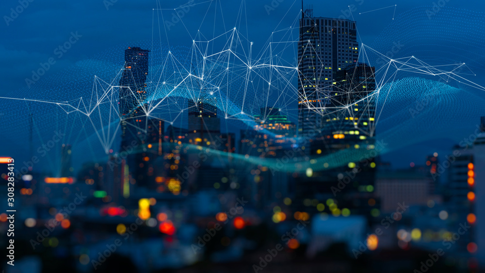 Fototapete wireless network and connection technology concept with abstract buildings and city background