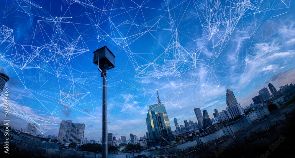 Poster wireless network and connection technology concept with abstract bangkok city background