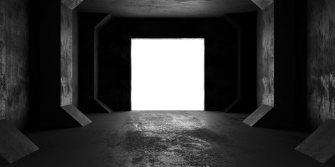Abstract empty, black, dark concrete room with lighting from back wall and rough floor - industrial interior background template, 3D illustration