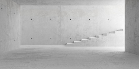 Abstrakter leerer, moderner Betonraum mit Treppe und Beleuchtung von der Seitenwand - Hintergrundvorlage für industrielle Innenräume, 3D-Illustration