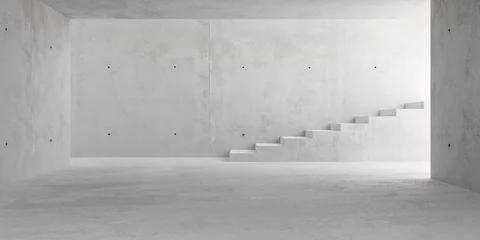 Abstrakter leerer, moderner Betonraum mit Treppe und Beleuchtung von der Seitenwand - Hintergrundvorlage für industrielle Innenräume, 3D-Illustration © Shawn Hempel