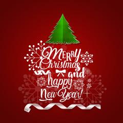 Fototapeta na wymiar Christmas Greeting Card. Merry Christmas and Happy New Year lettering with Christmas tree, vector illustration