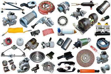 Auto spare parts car on the white background. Set with many isolated items for shop or aftermarket	