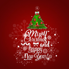 Christmas Greeting Card. Merry Christmas and Happy New Year lettering with Christmas tree, vector illustration