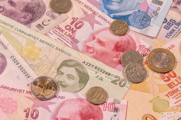 Turkish lira TL. TRY banknotes and coins