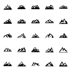Silhouette of mountain in flat style. Vector icon set.