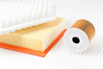 Filter oil, Filter air, cabin filter for cars isolated on white background. New car parts.