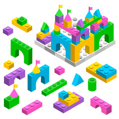 Colourful building blocks for development children. Isometric vector illustration.