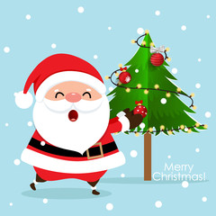 Christmas Greeting Card with Christmas Santa Claus and Christmas tree. Vector illustration