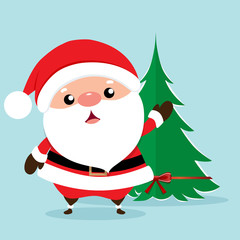 Christmas Greeting Card with Christmas Santa Claus and Christmas tree. Vector illustration