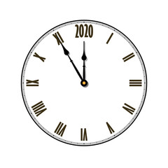 Happy New year 2020. Black clock, arrows, isolated on white background. Blurred design holiday banner, Christmas celebration party, poster. Template decoration card. Vector illustration