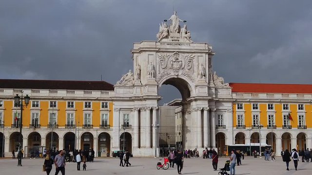 Slow motion from people walking in Commerce Square Lisbon, Portugal.