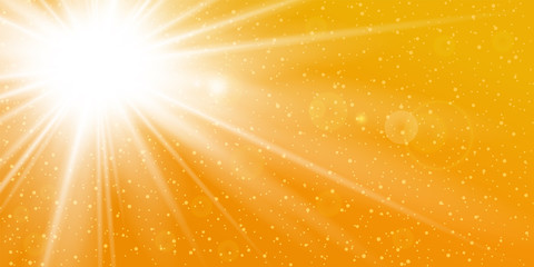 Rays yellow background. Gold sunny sky. Heat sunburs, hot weather. Sunshine orange sky. White warm sunlight. Bright golden solar sunrise, summer template. Lens optic effect. Vector illustration © alona_s
